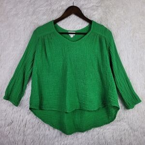 Felicite Sz 1 Long Sleeve V-Neck Green Gauzy Top Curve Hem Boho Beachy Textured